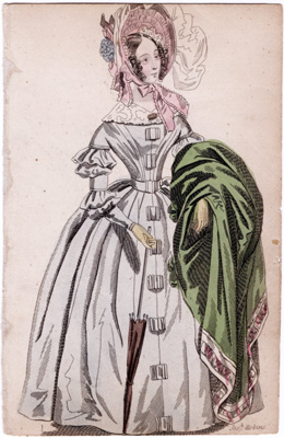 [pale blue dress, pink hat, green shawl on arm]